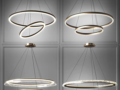 Modern Circular Chandeliers With Metallic Frames Illuminated On Gray Wall Background 3d model