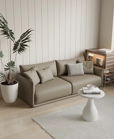 Beige Two Seater Sofa With Pillows And Large Potted Plant Near Light Wooden Wall 3d model