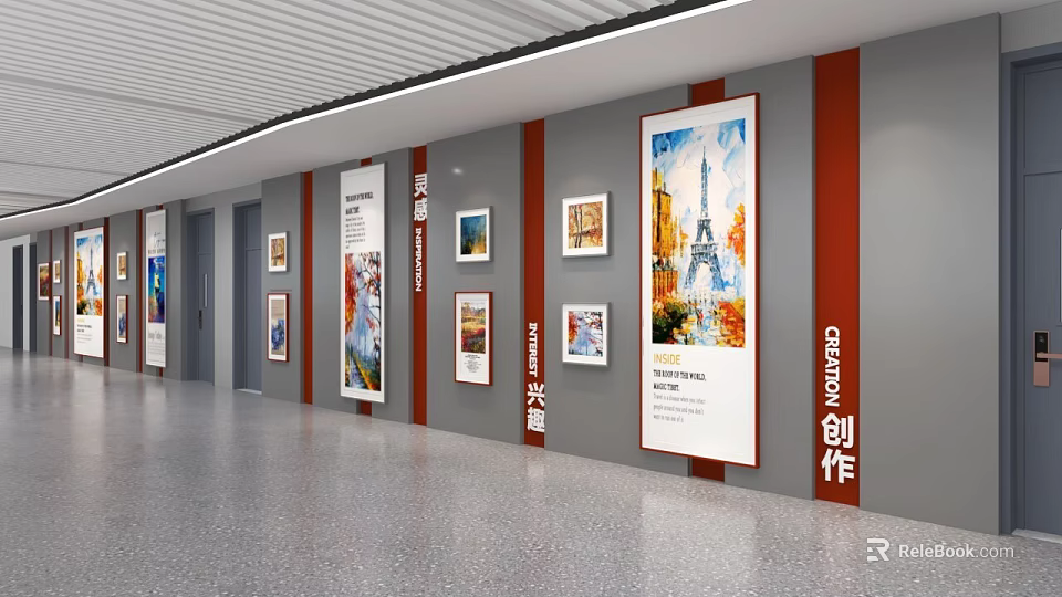 School Artwork Display Wall Featuring Student Creative Paintings and Posters 3d model