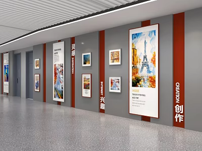 School Artwork Display Wall Featuring Student Creative Paintings and Posters 3d model
