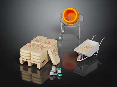 Industrial Style Decorative Ornament Set With Yellow Mixer Stacked Boxes White Wheelbarrow And Small Jars 3d model