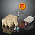 Industrial Style Decorative Ornament Set With Yellow Mixer Stacked Boxes White Wheelbarrow And Small Jars