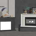 Modern Interior Featuring Dark And White Fireplaces With Burning Flames And Mantel Decor Items