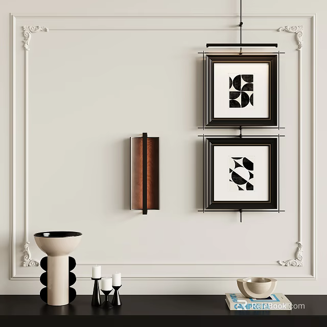 White Wall Home Decor With Black Framed Geometric Art Copper Lamp Vase Candles And Bowl 3d model 