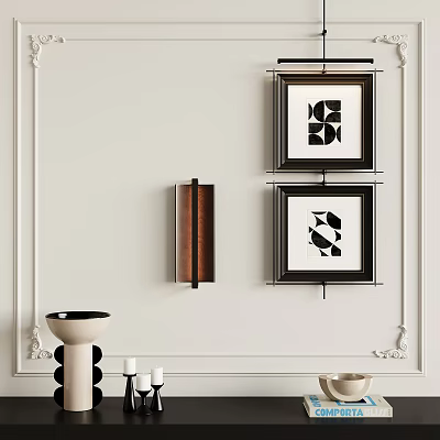 White Wall Home Decor With Black Framed Geometric Art Copper Lamp Vase Candles And Bowl 3d model