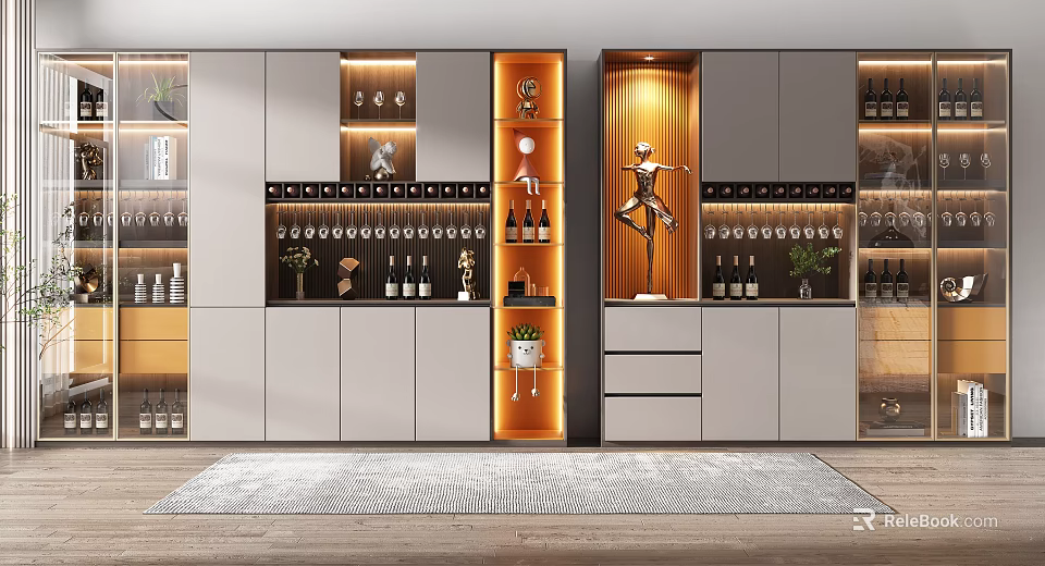 Elegant Modern Wine Cabinet With Illuminated Shelves And Glassware 3d model 