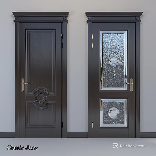 Dark Wooden Hinged Doors Featuring Decorative Carvings Golden Handles And Patterned Glass Panels 3d model 