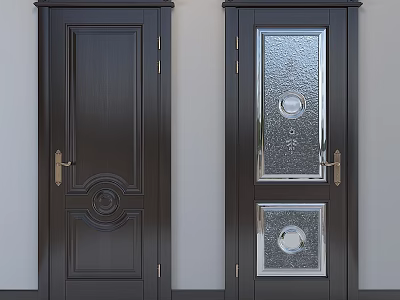Dark Wooden Hinged Doors Featuring Decorative Carvings Golden Handles And Patterned Glass Panels 3d model