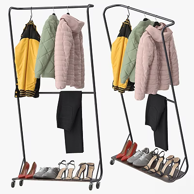 Colorful Winter Clothes with Quilted Jackets Black Pants and Shoes on Clothing Rack 3d model