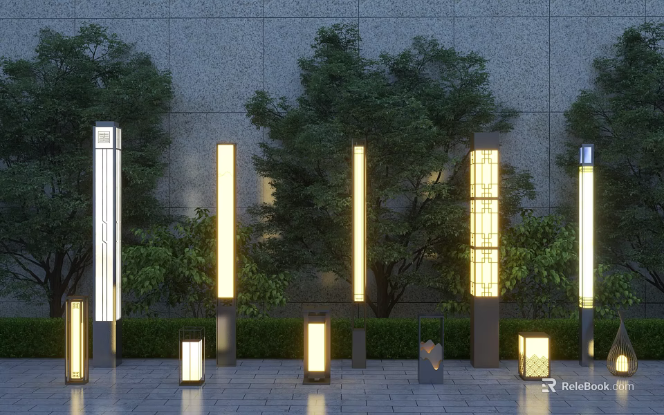 Various Styles of Illuminated Outdoor Lights in Garden with Grass Trees and Stone Wall 3d model 