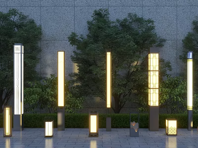 Various Styles of Illuminated Outdoor Lights in Garden with Grass Trees and Stone Wall 3d model