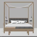 Modern Wooden Four Poster Double Bed With White Bedding Nightstand And Hanging Lamps