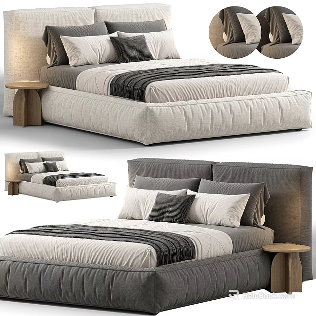 Modern Double Bed with Gray and Beige Upholstery Multiple Pillows and Wooden Bedside Table 3d model 