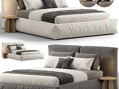 Modern Double Bed with Gray and Beige Upholstery Multiple Pillows and Wooden Bedside Table 3d model