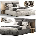 Modern Double Bed with Gray and Beige Upholstery Multiple Pillows and Wooden Bedside Table