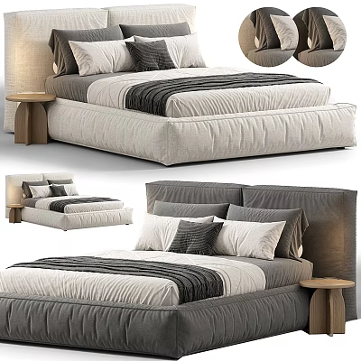 Modern Double Bed with Gray and Beige Upholstery Multiple Pillows and Wooden Bedside Table 3d model