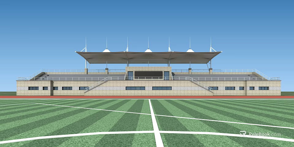 Open Air Public Sports Stadium With Covered Grandstand And Green Football Field 3d model