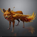 Mythical Flaming Fox with Orange Fiery Fur Standing on Black Background with Reflection