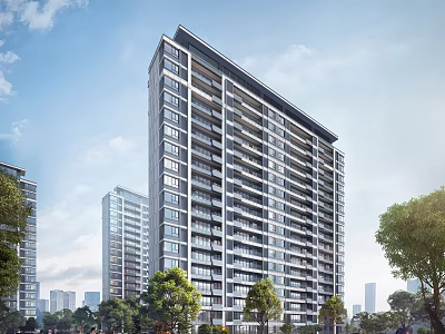 Modern High Rise Residential Building Exterior With Trees And Urban Skyline 3d model