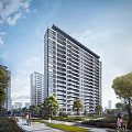 Modern High Rise Residential Building Exterior With Trees And Urban Skyline