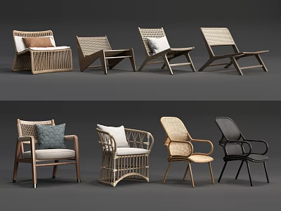 Stylish Modern Leisure Chairs With Rattan Wooden Metal Frames And Cushions 3d model