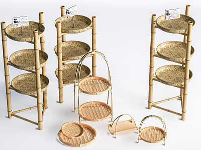 Bamboo Garden Decor With Multi Tiered Shelves And Various Tray Designs 3d model