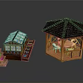 Wooden Gazebo With Tile Roof Tables Chairs And Glass Greenhouse With Shelves