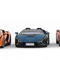 Blue Orange And Pink Convertible Sports Cars Parked Side By Side