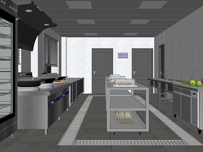 Commercial Restaurant Kitchen With Stainless Steel Worktables Shelves And Fresh Produce 3d model