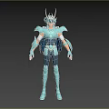 Blue Armored Game and Movie Character With Horned Headpiece and Shoulder Armor