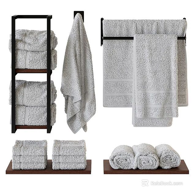Soft Absorbent Cotton Towels Stacked On Wooden Shelves And Hanging On Racks 3d model 