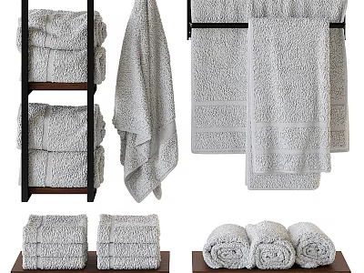 Soft Absorbent Cotton Towels Stacked On Wooden Shelves And Hanging On Racks 3d model
