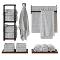 Soft Absorbent Cotton Towels Stacked On Wooden Shelves And Hanging On Racks