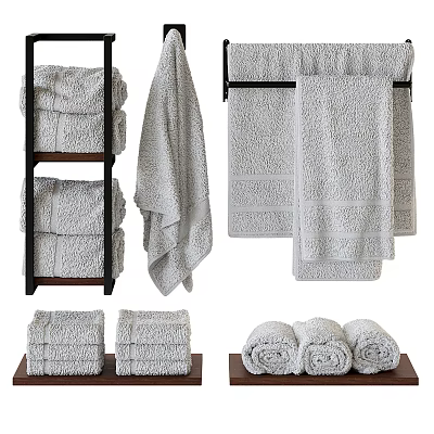 Soft Absorbent Cotton Towels Stacked On Wooden Shelves And Hanging On Racks 3d model
