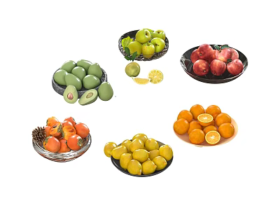 Fresh Assorted Fruits Including Avocado Green Apples Peaches Oranges And Plums On Plates 3d model