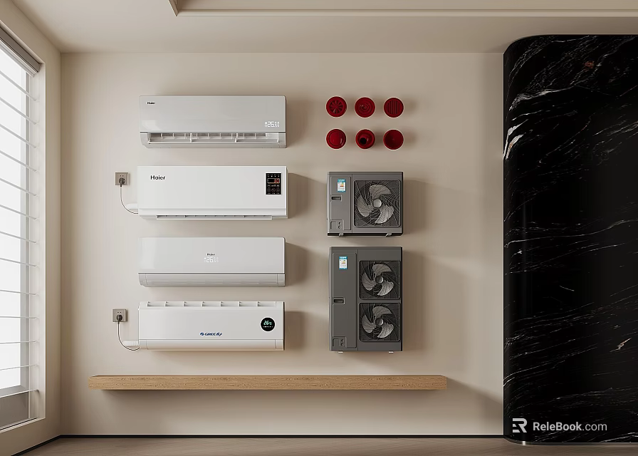 Modern Wall Display of Various Air Conditioners and Fans with White Gray Units 3d model 