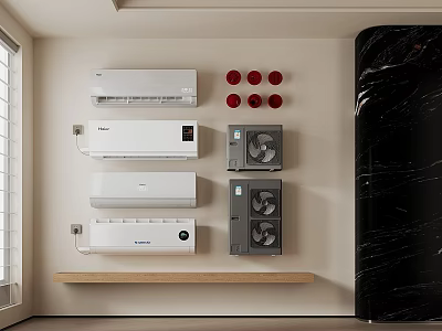 Modern Wall Display of Various Air Conditioners and Fans with White Gray Units 3d model