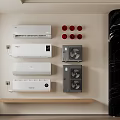 Modern Wall Display of Various Air Conditioners and Fans with White Gray Units
