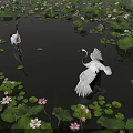 Vibrant Aquatic Plants With Lily Pads Lotus Flowers And White Cranes On Calm Water
