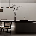 Modern Minimalist Restaurant Interior With Long Dining Table Chairs Pendant Lights And Plant Decor