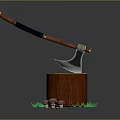 Wooden Axe Embedded In Tree Stump With Green Grass And Pink Mushrooms