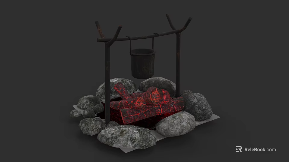 Wooden Stand With Hanging Bucket And Burning Wood Surrounded By Stones 3d model 