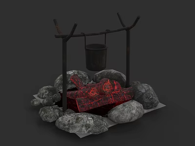 Wooden Stand With Hanging Bucket And Burning Wood Surrounded By Stones 3d model