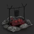 Wooden Stand With Hanging Bucket And Burning Wood Surrounded By Stones
