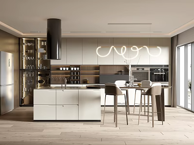 Modern Kitchen Interior With Island Counter Cabinets And Pendant Lights 3d model