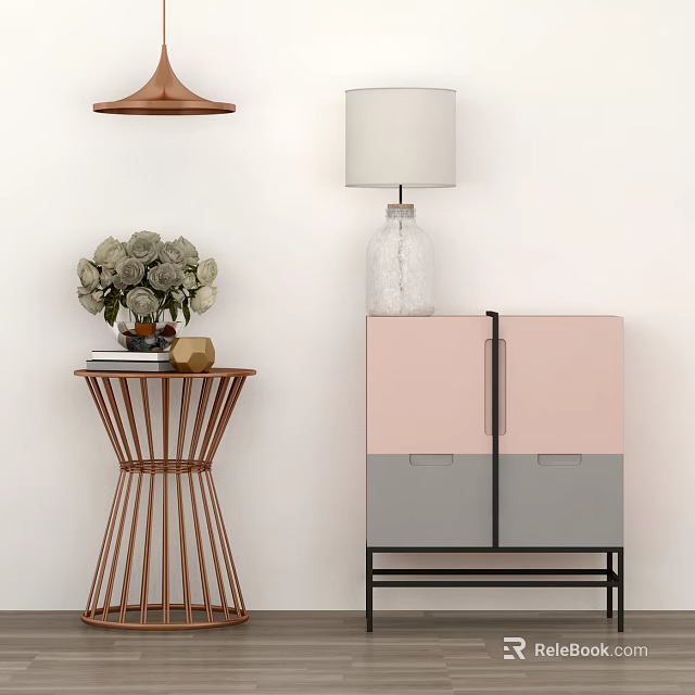 Stylish Pink And Gray Bedside Table With Drawers Metal Handles And White Shade Table Lamp 3d model 