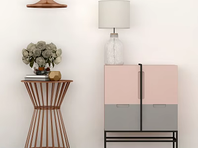 Stylish Pink And Gray Bedside Table With Drawers Metal Handles And White Shade Table Lamp 3d model