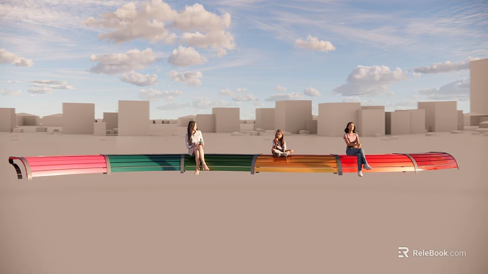Colorful Curved Landscape Seats With People Relaxing In Urban Open Space 3d model 