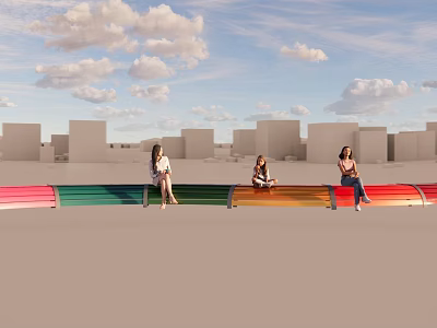 Colorful Curved Landscape Seats With People Relaxing In Urban Open Space 3d model