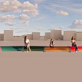 Colorful Curved Landscape Seats With People Relaxing In Urban Open Space